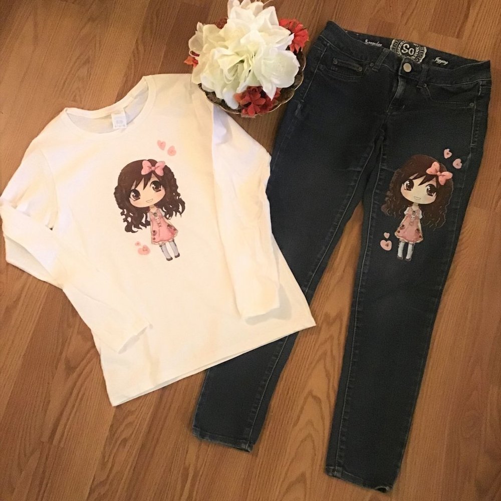 Women Sets Fashion L/S Printed T Shirt + Jeans